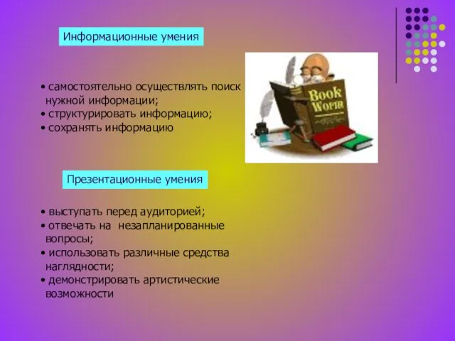 Информационные умения самостоятельно осуществлять поиск нужной информации; структурировать информацию; сохранять информацию Презентационные