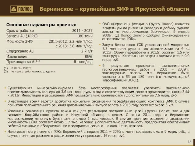 Вернинское – крупнейшая ЗИФ в Иркутской области ОАО «Первенец» (входит в Группу