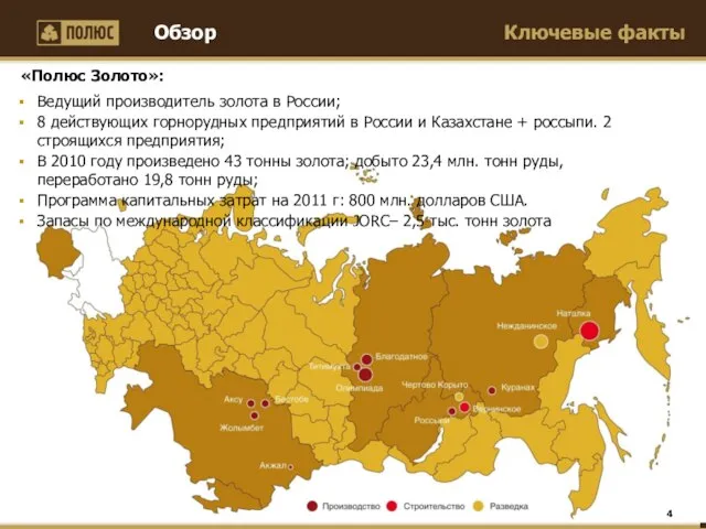 Ключевые факты Ведущий производитель золота в России; 8 действующих горнорудных предприятий в