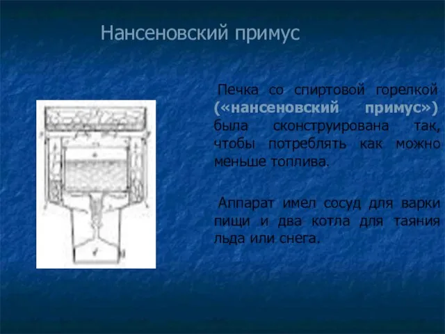 Нансеновский примус Печка со спиртовой горелкой («нансеновский примус») была сконструирована так, чтобы