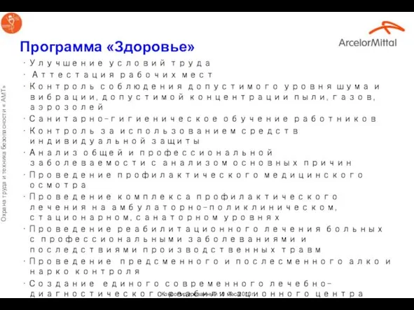 Программа «Здоровье» Улучшение условий труда Аттестация рабочих мест Контроль соблюдения допустимого уровня