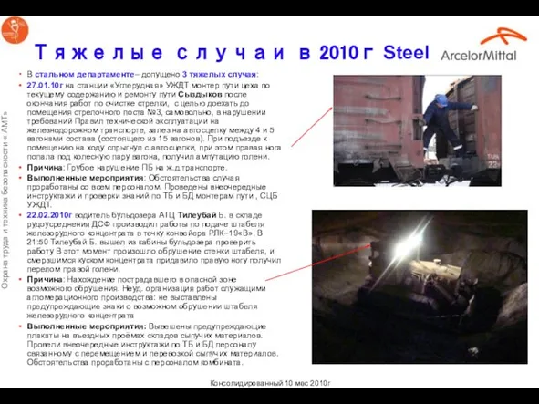 Тяжелые случаи в 2010г Steel В стальном департаменте– допущено 3 тяжелых случая: