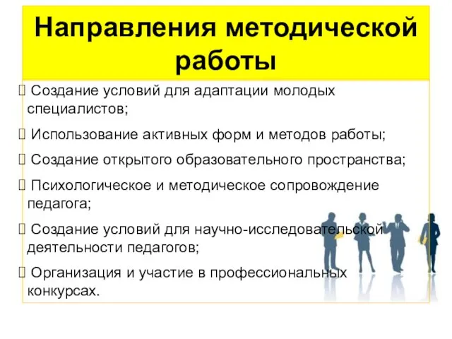 Направления методической работы Создание условий для адаптации молодых специалистов; Использование активных форм