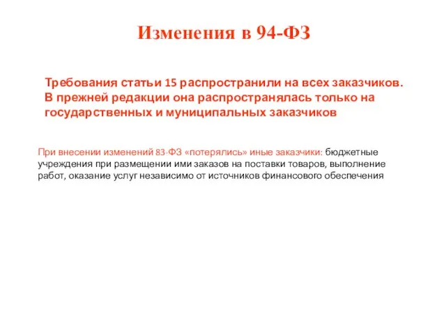 Изменения в 94-ФЗ Требования статьи 15 распространили на всех заказчиков. В прежней