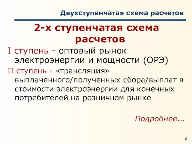 Двухступенчатая схема расчетов 2-х ступенчатая схема расчетов I ступень - оптовый рынок