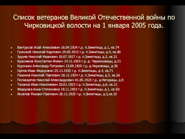 Список ветеранов Великой Отечественной войны по Чирковицкой волости на 1 января 2005