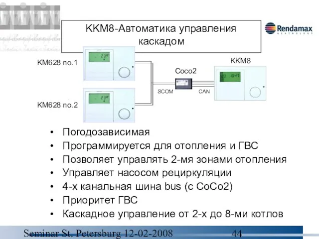 Seminar St. Petersburg 12-02-2008 KKM8-Автоматика управления каскадом Погодозависимая Программируется для отопления и