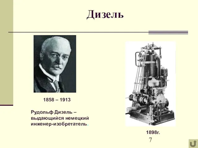 Дизель 1858 – 1913 Рудольф Дизель – выдающийся немецкий инженер-изобретатель. 1898г.