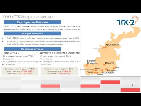 ОАО «ТГК-2»: краткое резюме История создания ОАО «ТГК-2» начала работу как единая