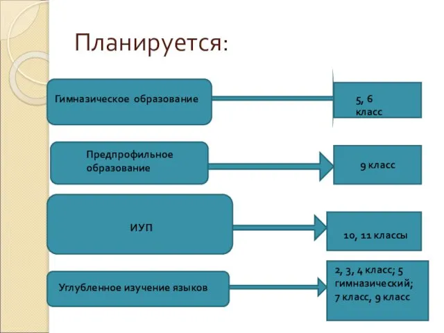 Планируется: Гимназическое образование 5, 6 класс Предпрофильное образование 9 класс ИУП 10,