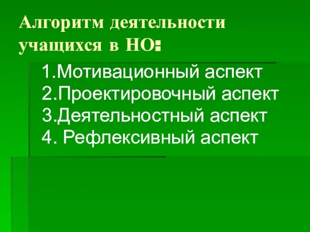 Алгоритм деятельности учащихся в НО: 1.Мотивационный аспект 2.Проектировочный аспект 3.Деятельностный аспект 4. Рефлексивный аспект