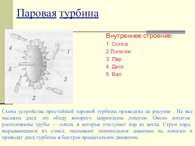 Паровая турбина Внутреннее строение: 1. Сопла 2.Лопатки 3. Пар 4. Диск 5.