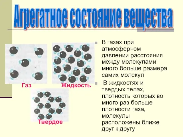 В газах при атмосферном давлении расстояния между молекулами много больше размера самих