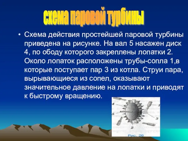 Схема действия простейшей паровой турбины приведена на рисунке. На вал 5 насажен