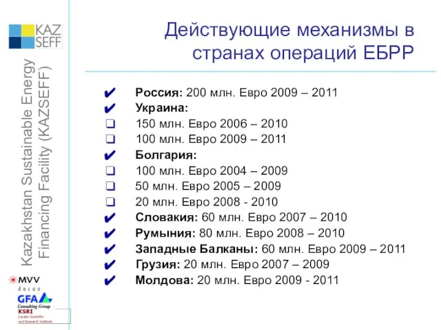 Действующие механизмы в странах операций ЕБРР Россия: 200 млн. Евро 2009 –