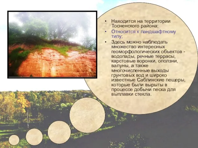 Находится на территории Тосненского района; Относится к ландшафтному типу; Здесь можно наблюдать