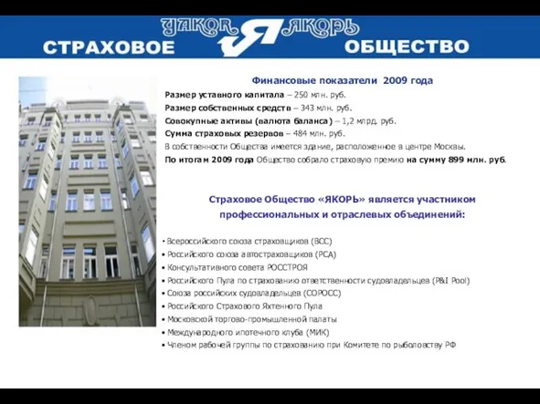 Финансовые показатели 2009 года Размер уставного капитала – 250 млн. руб. Размер