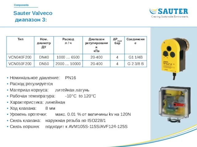 Sauter Valveco диапазон 3: Номинальное давление: PN16 Расход: регулируется Материал корпуса: литейная
