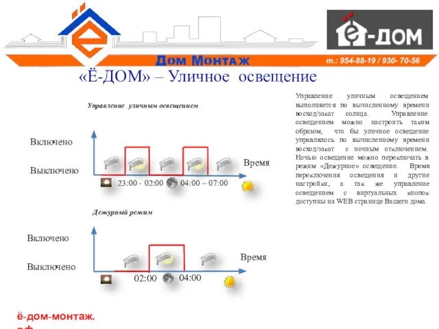 «Ё-ДОМ» – Уличное освещение Управление уличным освещением выполняется по вычисленному времени восход/закат