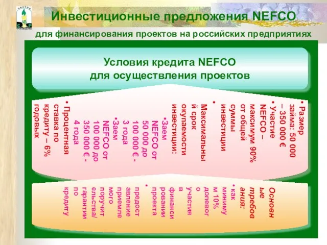 Инвестиционные предложения NEFCO для финансирования проектов на российских предприятиях Условия кредита NEFCO