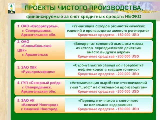 ПРОЕКТЫ ЧИСТОГО ПРОИЗВОДСТВА, финансируемые за счет кредитных средств НЕФКО