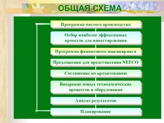 ОБЩАЯ СХЕМА Программа чистого производства Отбор наиболее эффективных проектов для инвестирования Программа