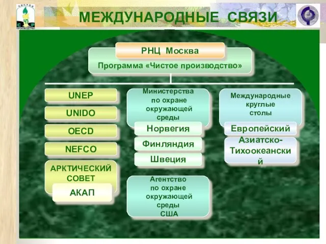 МЕЖДУНАРОДНЫЕ СВЯЗИ UNEP UNIDO OECD NEFCO АРКТИЧЕСКИЙ СОВЕТ АКАП