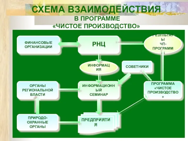 СХЕМА ВЗАИМОДЕЙСТВИЯ В ПРОГРАММЕ «ЧИСТОЕ ПРОИЗВОДСТВО» РНЦ ПРОГРАММА «ЧИСТОЕ ПРОИЗВОДСТВО» ПРЕДПРИЯТИЯ ФИНАНСОВЫЕ