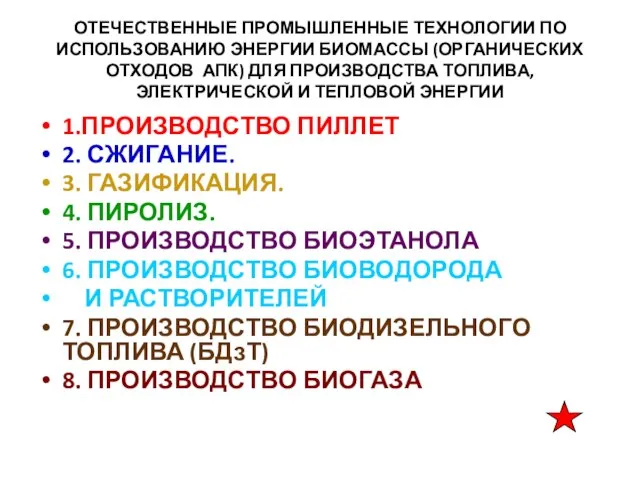 ОТЕЧЕСТВЕННЫЕ ПРОМЫШЛЕННЫЕ ТЕХНОЛОГИИ ПО ИСПОЛЬЗОВАНИЮ ЭНЕРГИИ БИОМАССЫ (ОРГАНИЧЕСКИХ ОТХОДОВ АПК) ДЛЯ ПРОИЗВОДСТВА