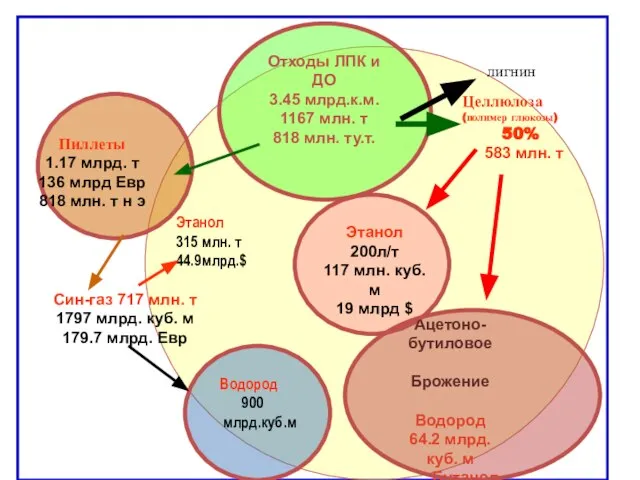 Целлюлоза (полимер глюкозы) 50% 583 млн. т Водород 900 млрд.куб.м Этанол 315 млн. т 44.9млрд.$ лигнин