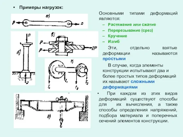 Примеры нагрузок: Основными типами деформаций являются: Растяжение или сжатие Перерезывание (срез) Кручение