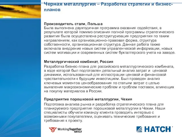 Черная металлургия – Разработка стратегии и бизнес-планов Производитель стали, Польша Была выполнена