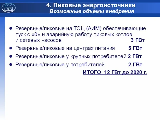 4. Пиковые энергоисточники Возможные объемы внедрения Резервные/пиковые на ТЭЦ (АИМ) обеспечивающие пуск