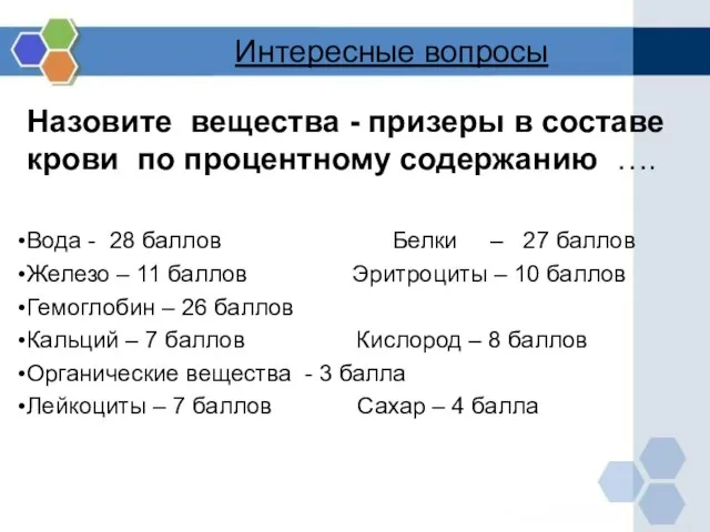 Интересные вопросы Назовите вещества - призеры в составе крови по процентному содержанию