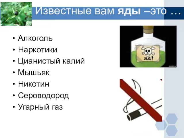 Известные вам яды –это … Алкоголь Наркотики Цианистый калий Мышьяк Никотин Сероводород Угарный газ