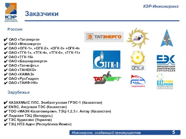 Заказчики Заказчики Россия ОАО «Татэнерго» ОАО «Мосэнерго» ОАО «ОГК-1», «ОГК-2», «ОГК-3» «ОГК-4»