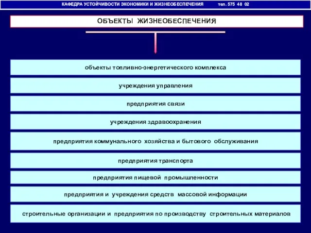 КАФЕДРА УСТОЙЧИВОСТИ ЭКОНОМИКИ И ЖИЗНЕОБЕСПЕЧЕНИЯ тел. 575 48 02 объекты топливно-энергетического комплекса