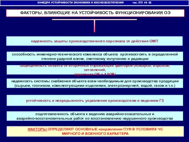 КАФЕДРА УСТОЙЧИВОСТИ ЭКОНОМИКИ И ЖИЗНЕОБЕСПЕЧЕНИЯ тел. 575 48 02 надежность защиты производственного