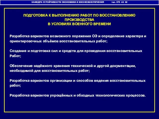 КАФЕДРА УСТОЙЧИВОСТИ ЭКОНОМИКИ И ЖИЗНЕОБЕСПЕЧЕНИЯ тел. 575 48 02 ПОДГОТОВКА К ВЫПОЛНЕНИЮ