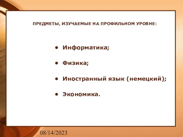 08/14/2023 ПРЕДМЕТЫ, ИЗУЧАЕМЫЕ НА ПРОФИЛЬНОМ УРОВНЕ: Информатика; Физика; Иностранный язык (немецкий); Экономика.