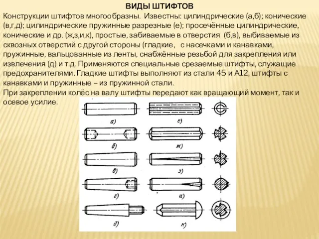 ВИДЫ ШТИФТОВ Конструкции штифтов многообразны. Известны: цилиндрические (а,б); конические (в,г,д); цилиндрические пружинные