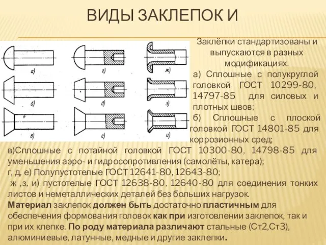 ВИДЫ ЗАКЛЕПОК И Заклёпки стандартизованы и выпускаются в разных модификациях. а) Сплошные