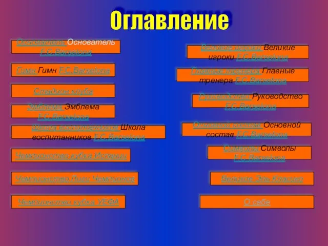 Оглавление Основатель Основатель F.C.Barselona Гимн Гимн F.C.Barselona Чемпионство кубка Испании Стадион клуба