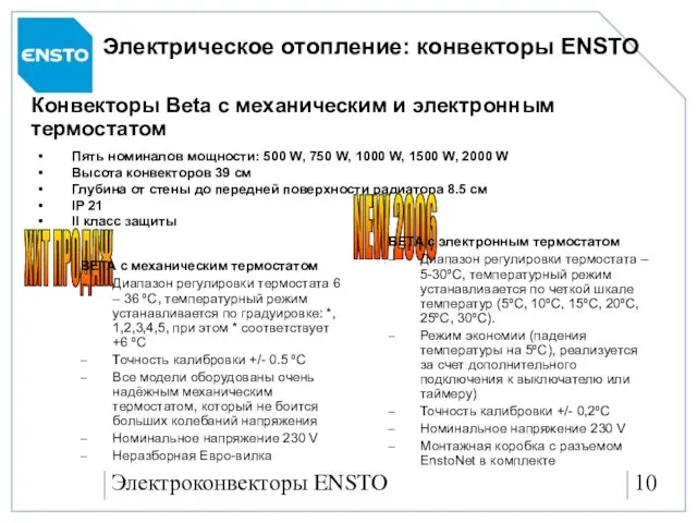 Электроконвекторы ENSTO Конвекторы Beta с механическим и электронным термостатом Пять номиналов мощности: