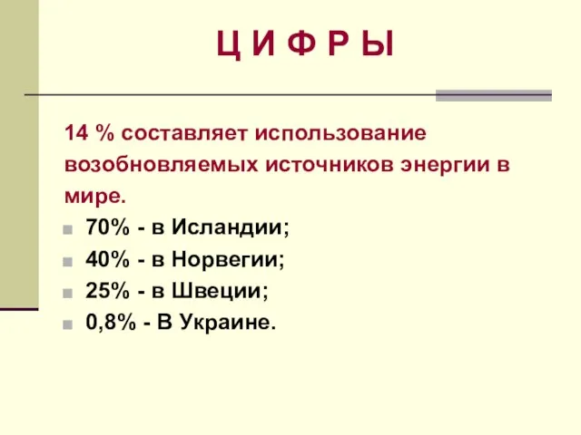 Ц И Ф Р Ы 14 % составляет использование возобновляемых источников энергии