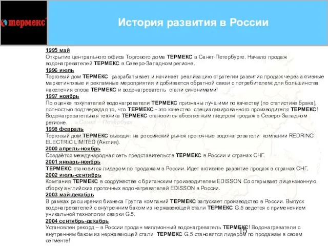 1995 май Открытие центрального офиса Торгового дома ТЕРМЕКС в Санкт-Петербурге. Начало продаж