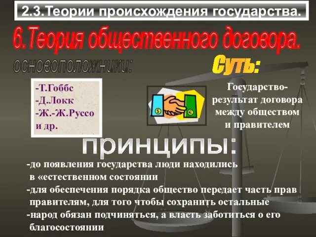 2.3.Теории происхождения государства. 6.Теория общественного договора. основоположники: -Т.Гоббс -Д.Локк -Ж.-Ж.Руссо и др.