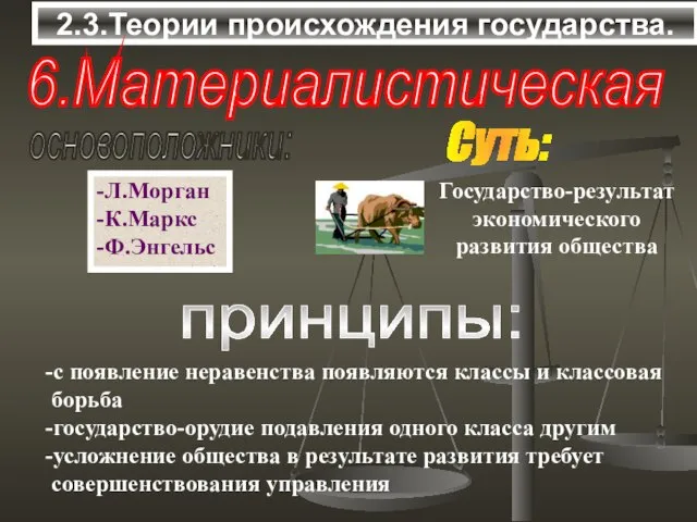 2.3.Теории происхождения государства. 6.Материалистическая основоположники: -Л.Морган -К.Маркс -Ф.Энгельс Суть: принципы: -с появление