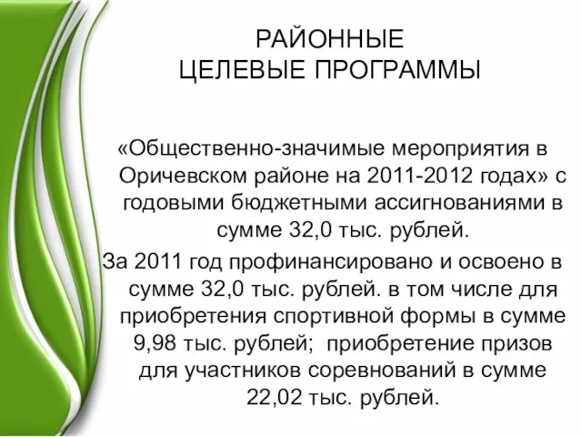 РАЙОННЫЕ ЦЕЛЕВЫЕ ПРОГРАММЫ «Общественно-значимые мероприятия в Оричевском районе на 2011-2012 годах» с