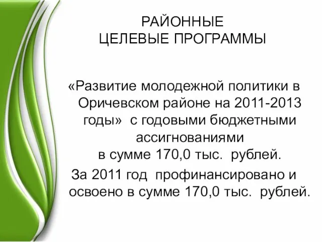 РАЙОННЫЕ ЦЕЛЕВЫЕ ПРОГРАММЫ «Развитие молодежной политики в Оричевском районе на 2011-2013 годы»